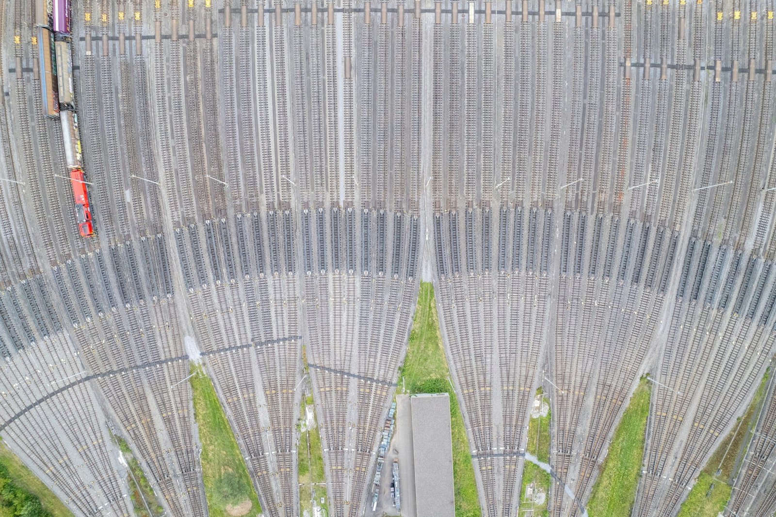 An aerial view of a large building with many windows