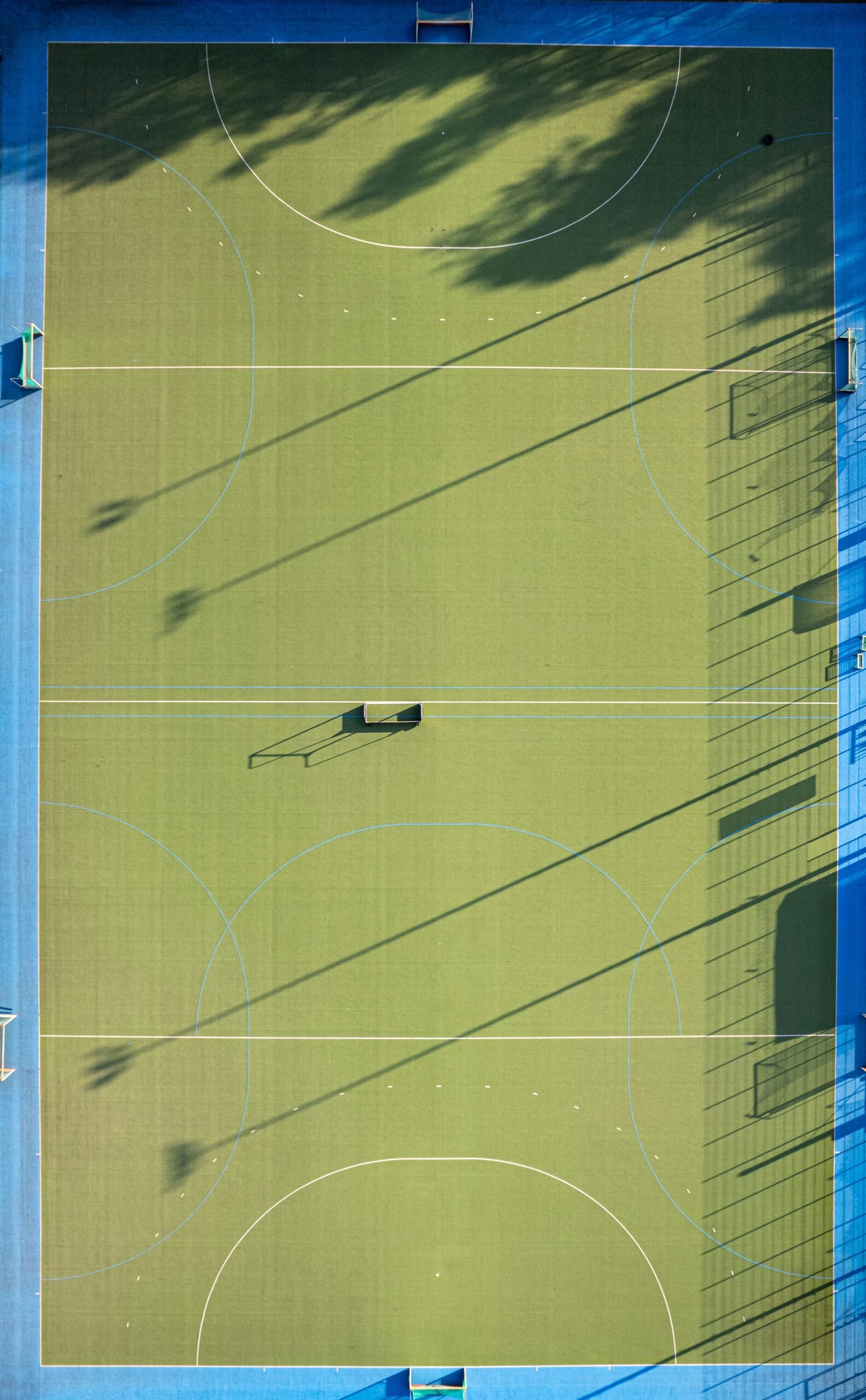 An aerial view of a soccer field from above