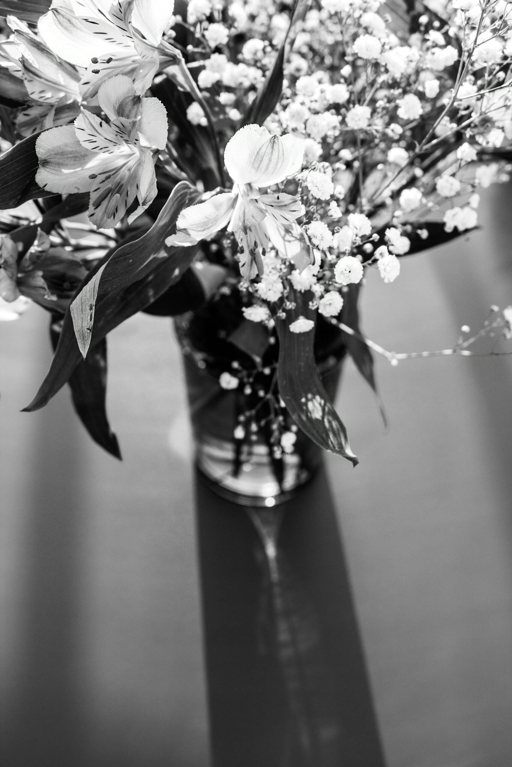 a black and white photo of flowers in a vase