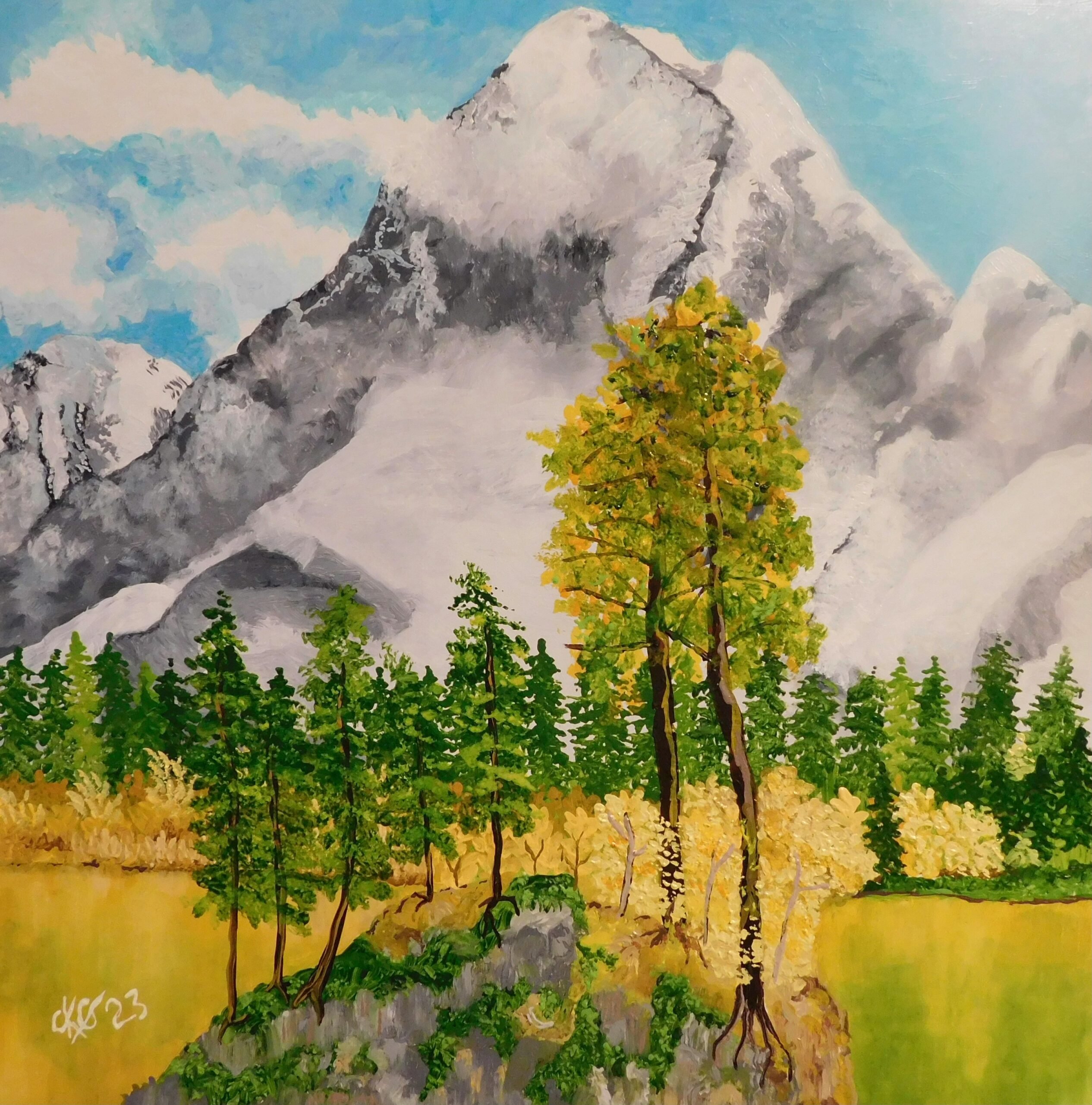 a painting of a mountain scene with trees