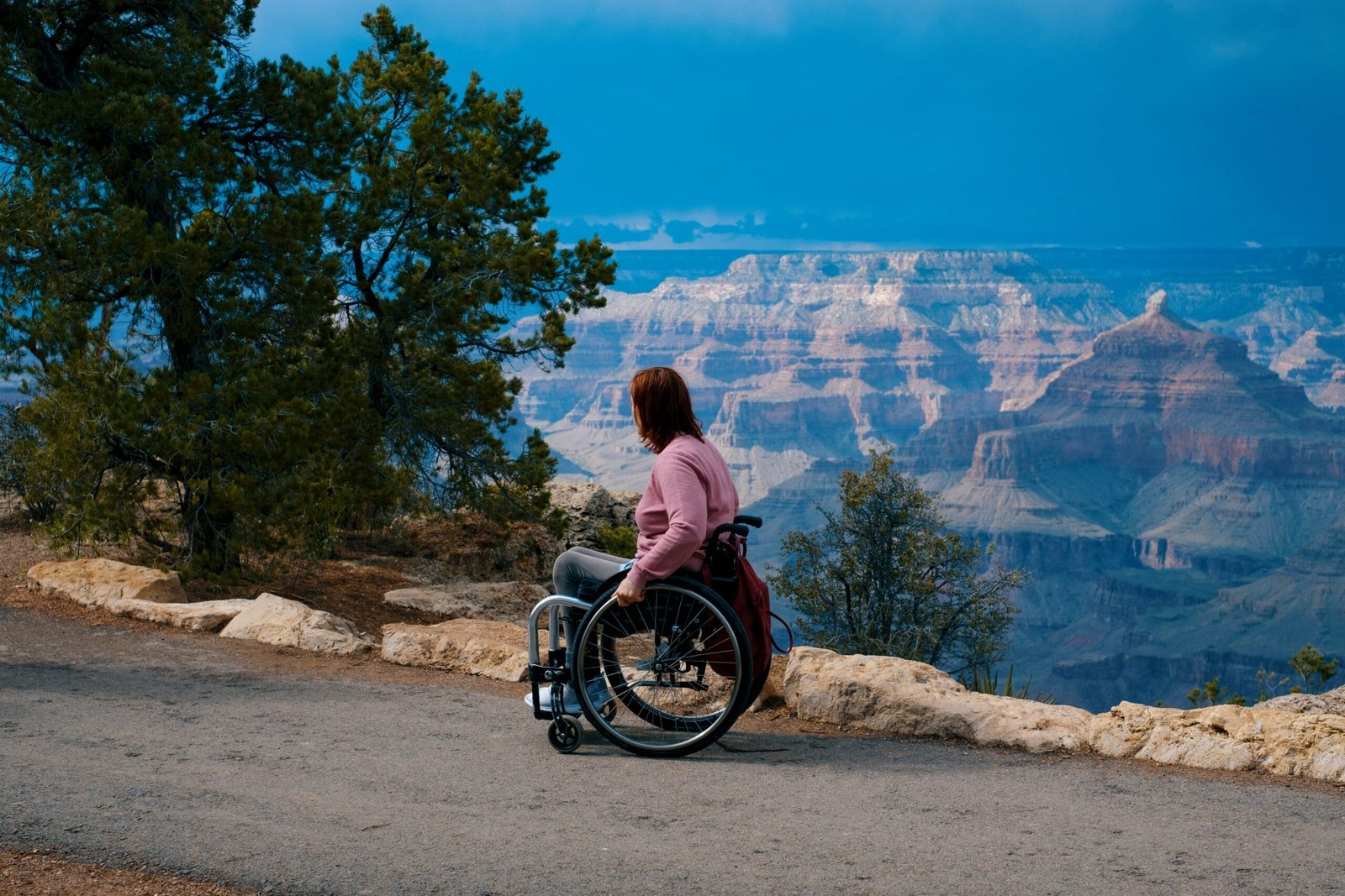 a woman in a wheel chair at the edge of a cliff