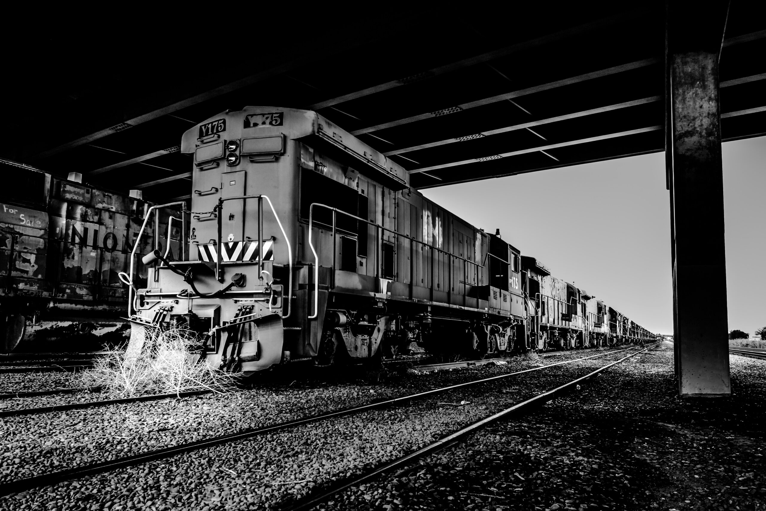 grayscale photography of train on station